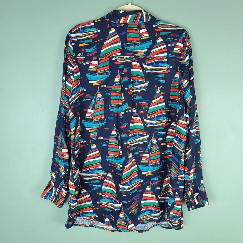 Soft Surroundings Nautical Colorful Sailboat Print Button Down Shirt Top Size XL
